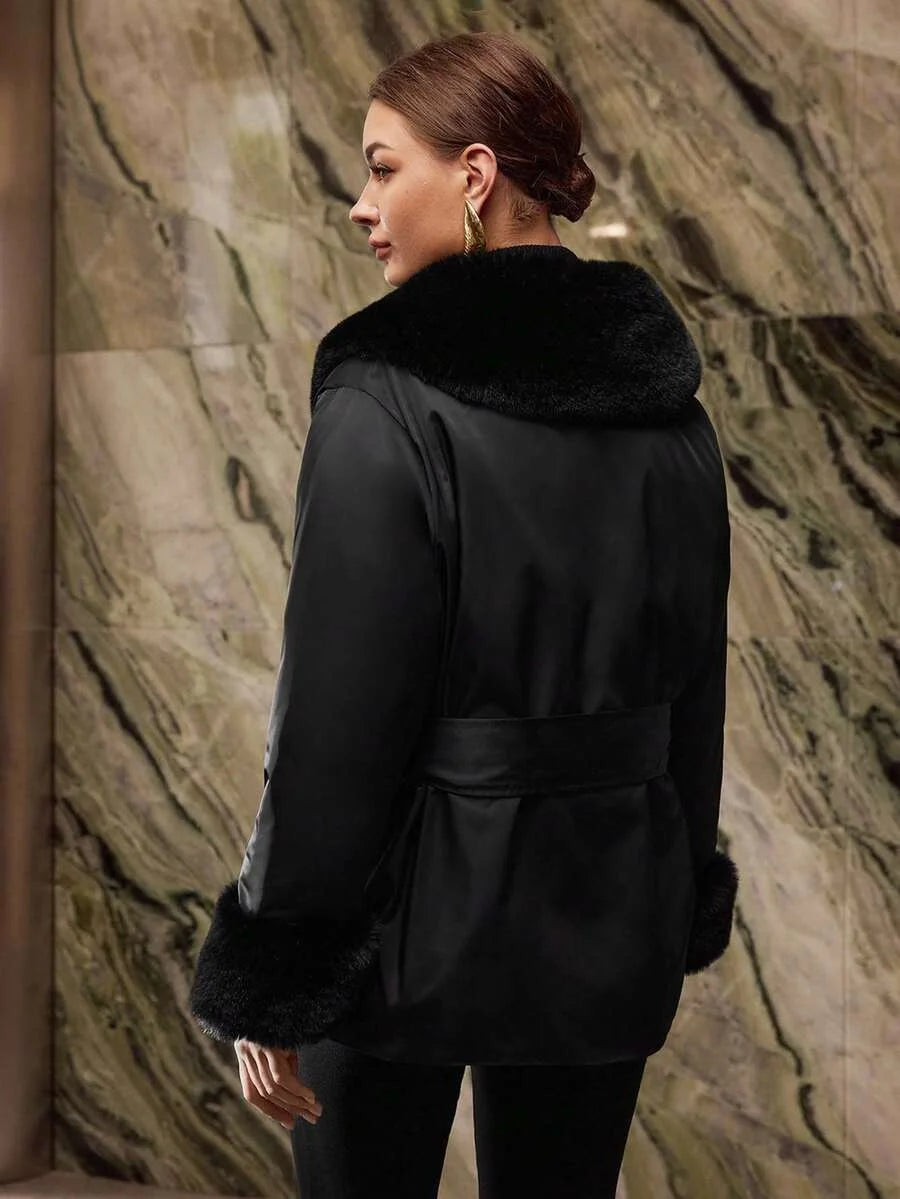 PREMIUM CONTRAST FAUX FUR BELTED WINTER COAT