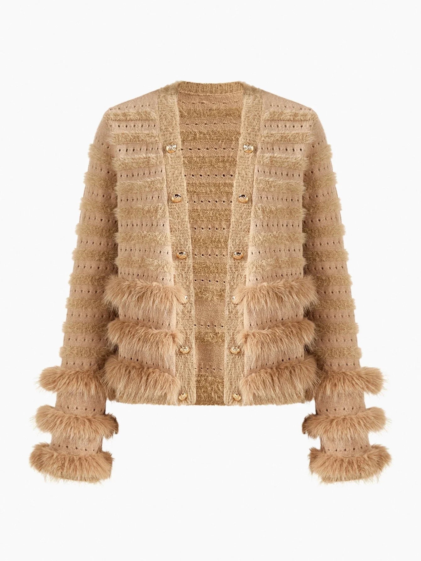 PREMIUM CONTRAST FAUX FUR BUTTON UP CARDIGAN