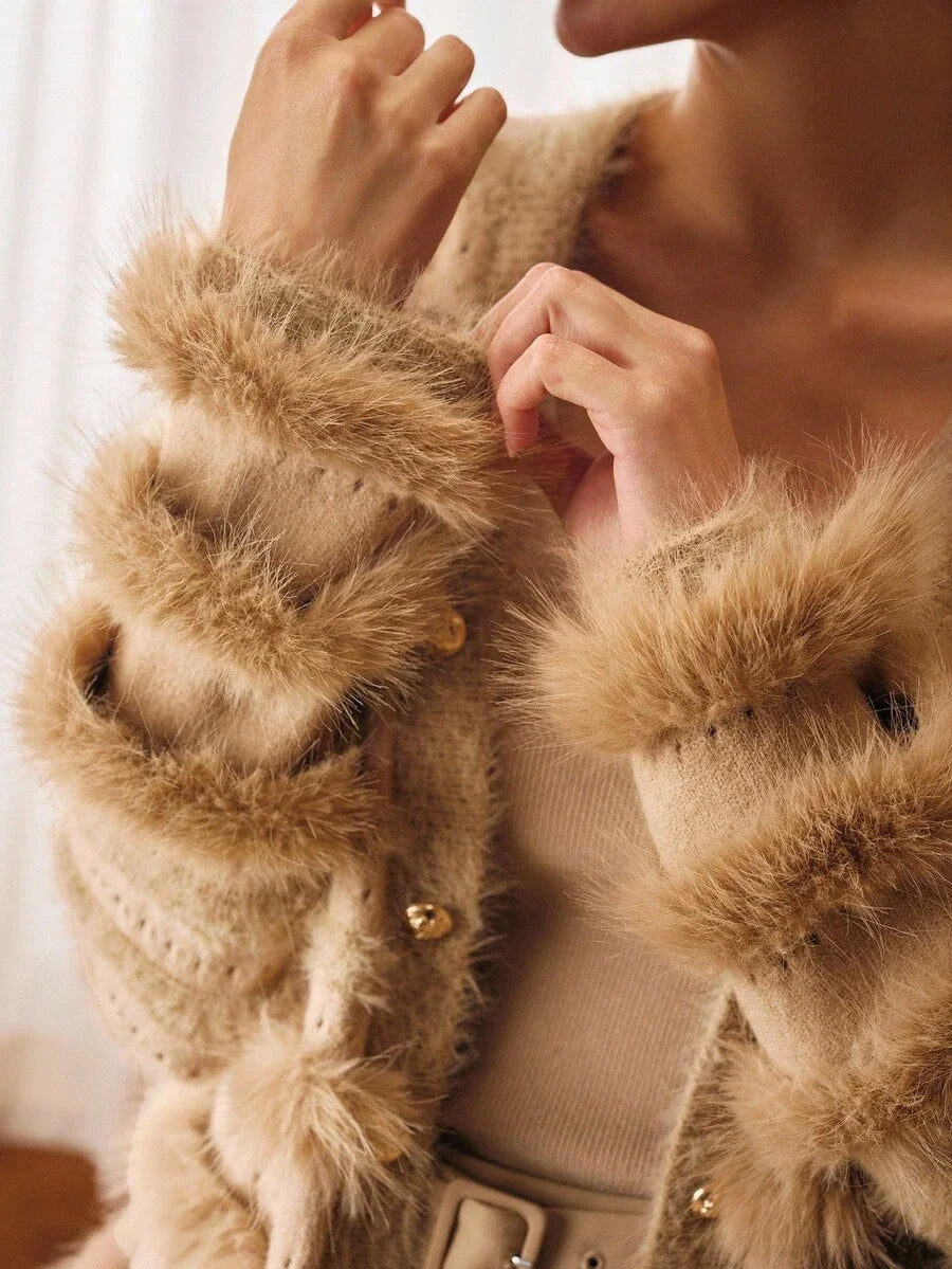 PREMIUM CONTRAST FAUX FUR BUTTON UP CARDIGAN