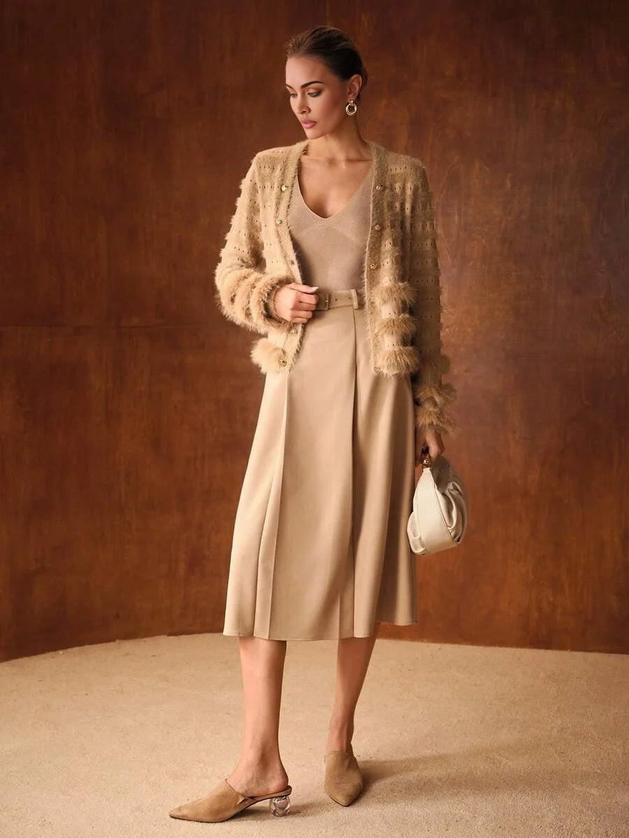 PREMIUM CONTRAST FAUX FUR BUTTON UP CARDIGAN