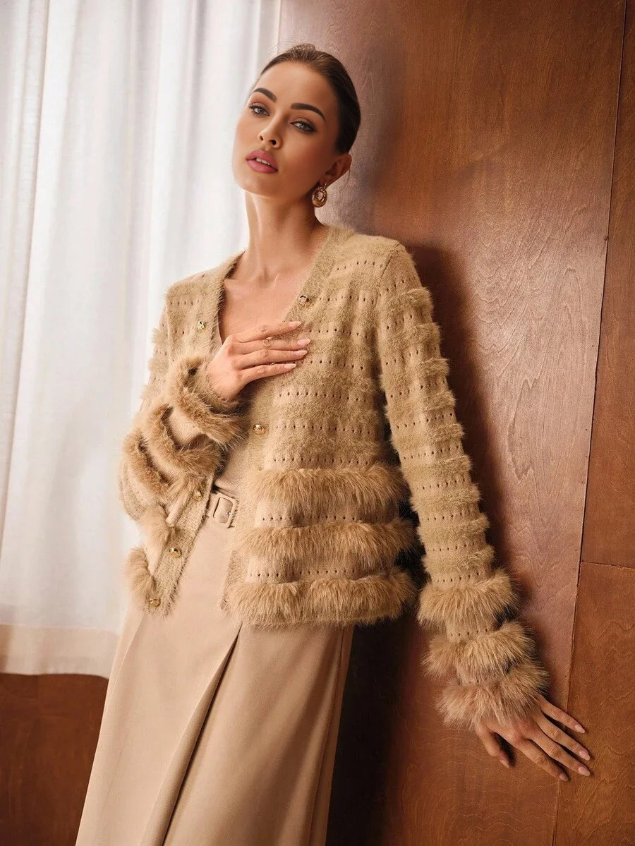 PREMIUM CONTRAST FAUX FUR BUTTON UP CARDIGAN