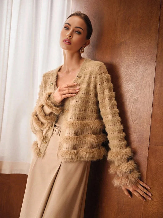 PREMIUM CONTRAST FAUX FUR BUTTON UP CARDIGAN