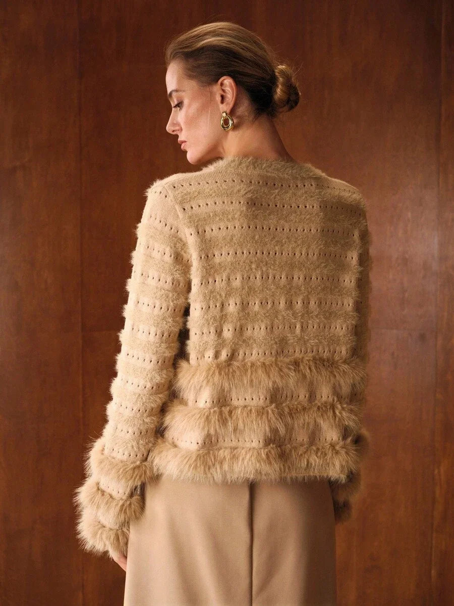 PREMIUM CONTRAST FAUX FUR BUTTON UP CARDIGAN