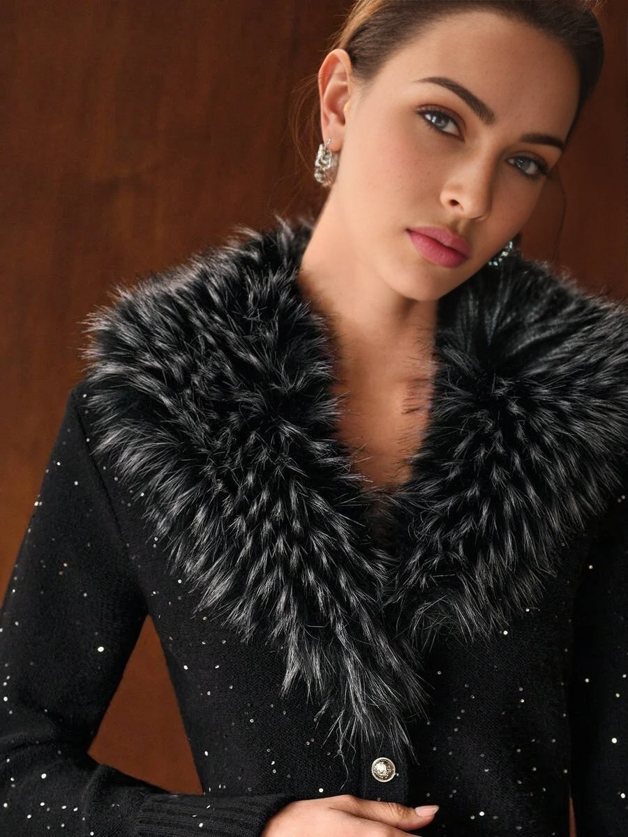 PREMIUM CONTRAST FAUX FUR BUTTON UP CARDIGAN FOR AUTUMN amp WINTER