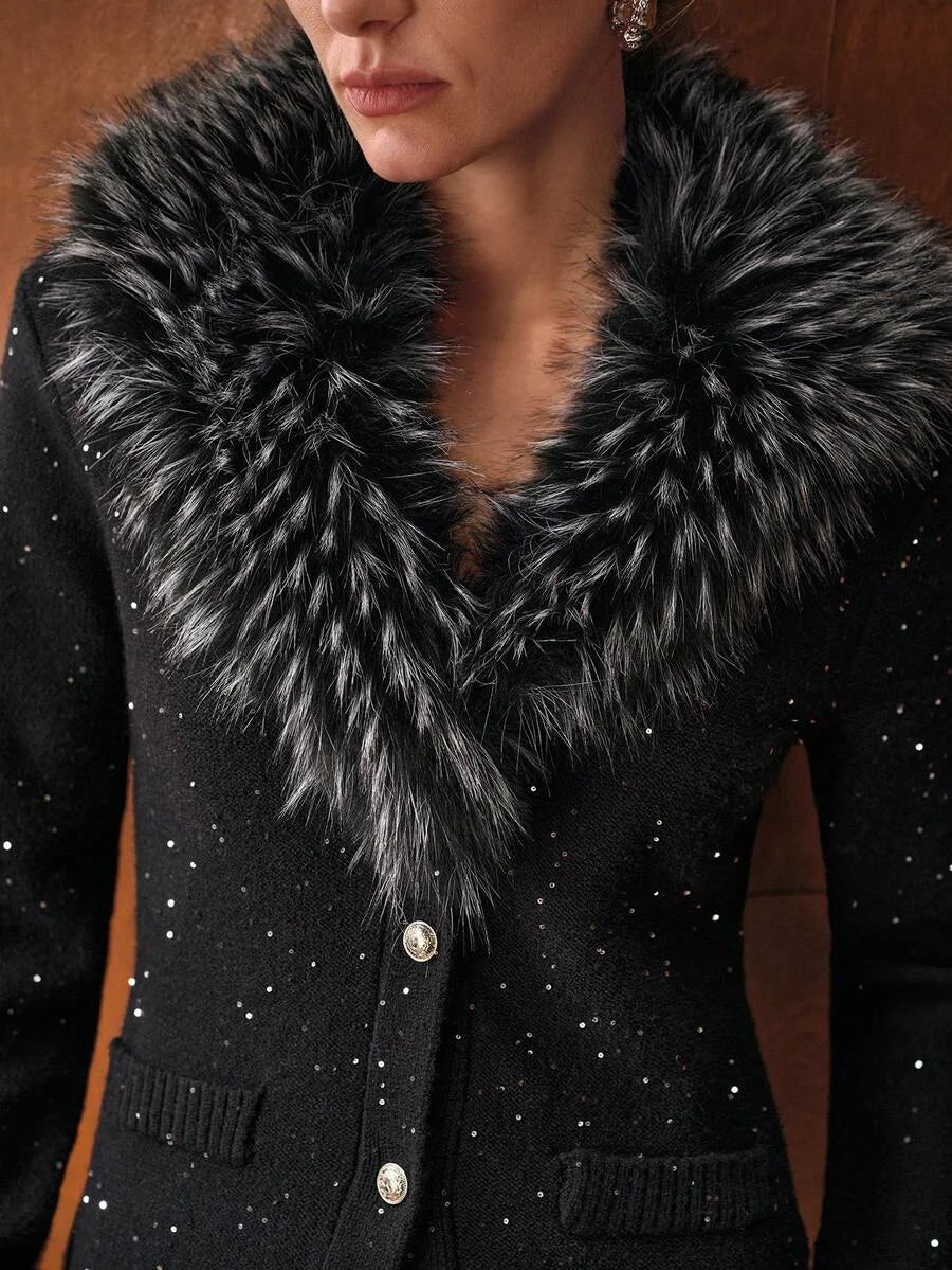 PREMIUM CONTRAST FAUX FUR BUTTON UP CARDIGAN FOR AUTUMN amp WINTER