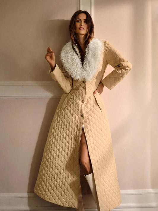 PREMIUM CONTRAST FAUX FUR BUTTON UP PLAID LONG PADDED COAT