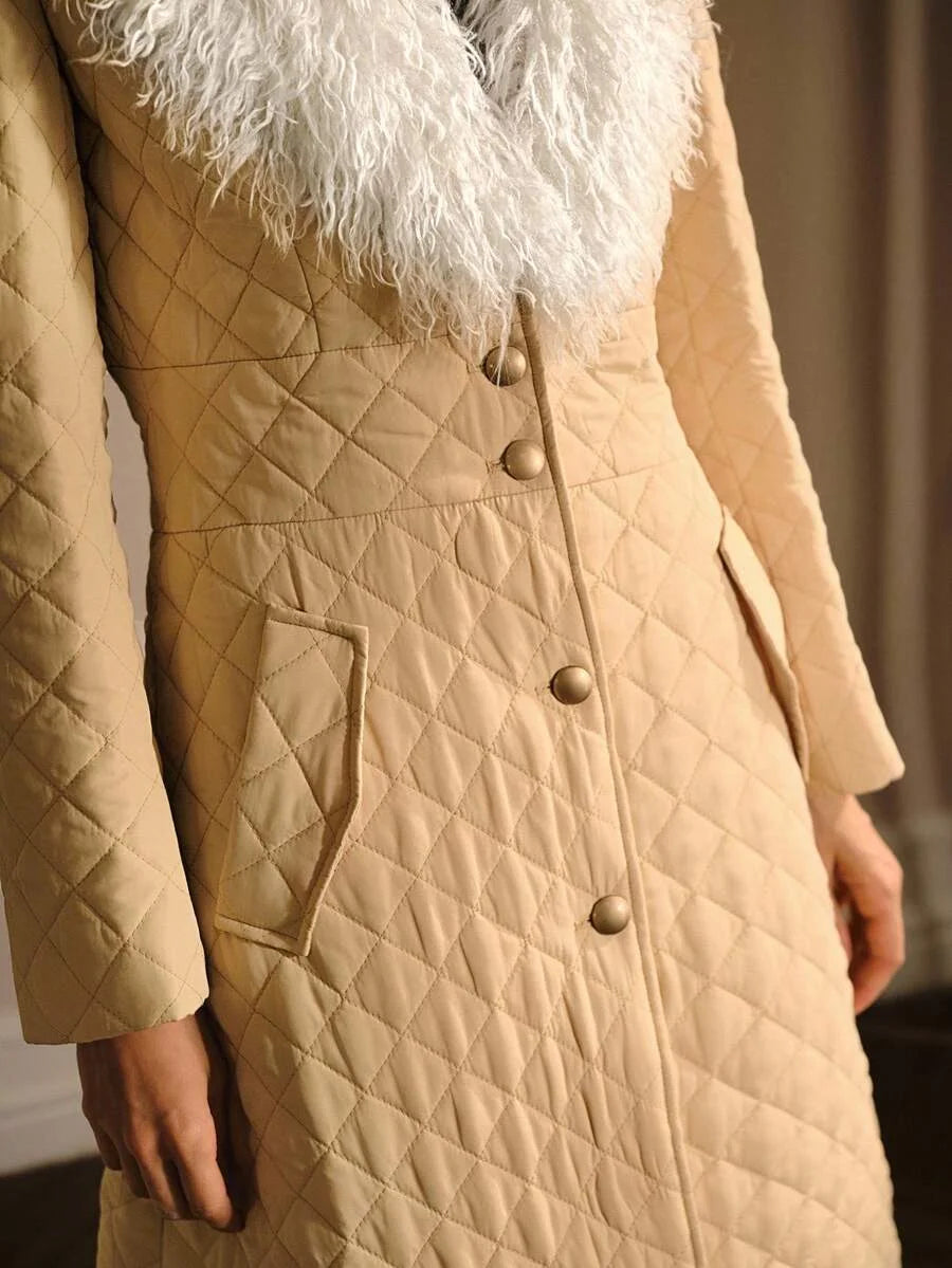 PREMIUM CONTRAST FAUX FUR BUTTON UP PLAID LONG PADDED COAT