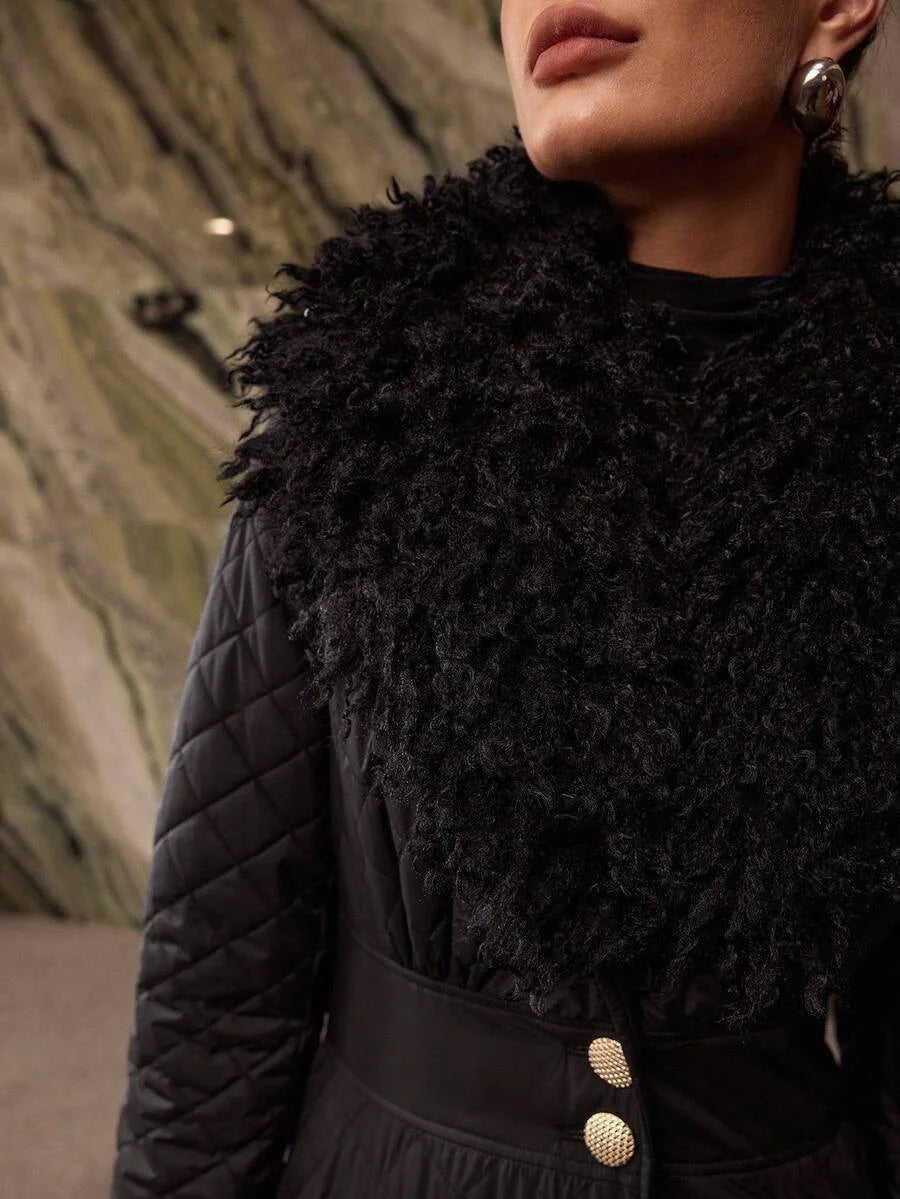 PREMIUM CONTRAST FAUX FUR BUTTON UP QUILTED WINTER COAT FOR AUTUMN amp WINTER