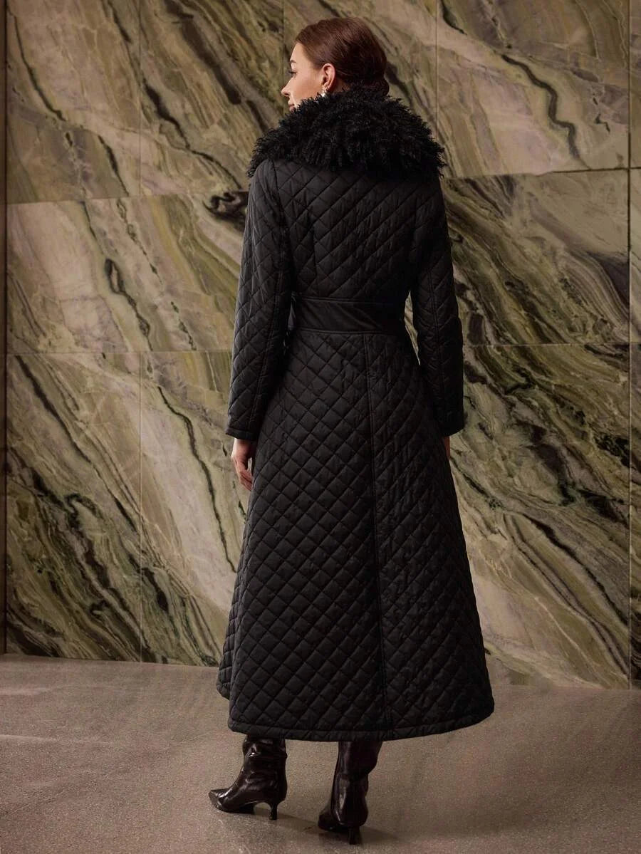 PREMIUM CONTRAST FAUX FUR BUTTON UP QUILTED WINTER COAT FOR AUTUMN amp WINTER