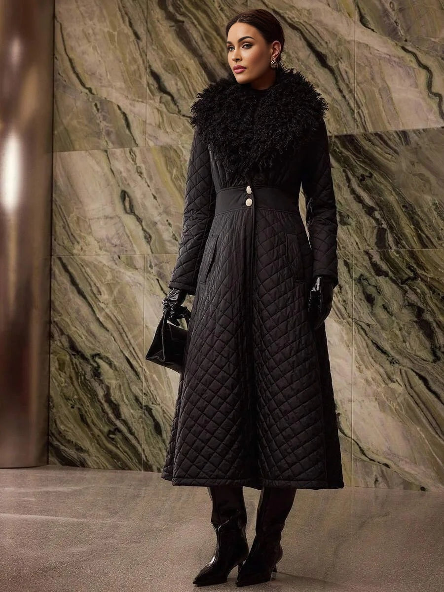 PREMIUM CONTRAST FAUX FUR BUTTON UP QUILTED WINTER COAT FOR AUTUMN amp WINTER