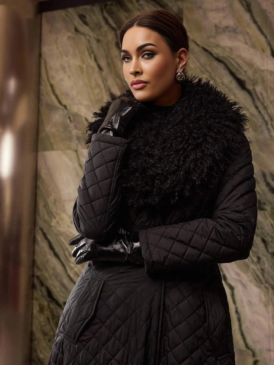 PREMIUM CONTRAST FAUX FUR BUTTON UP QUILTED WINTER COAT FOR AUTUMN amp WINTER