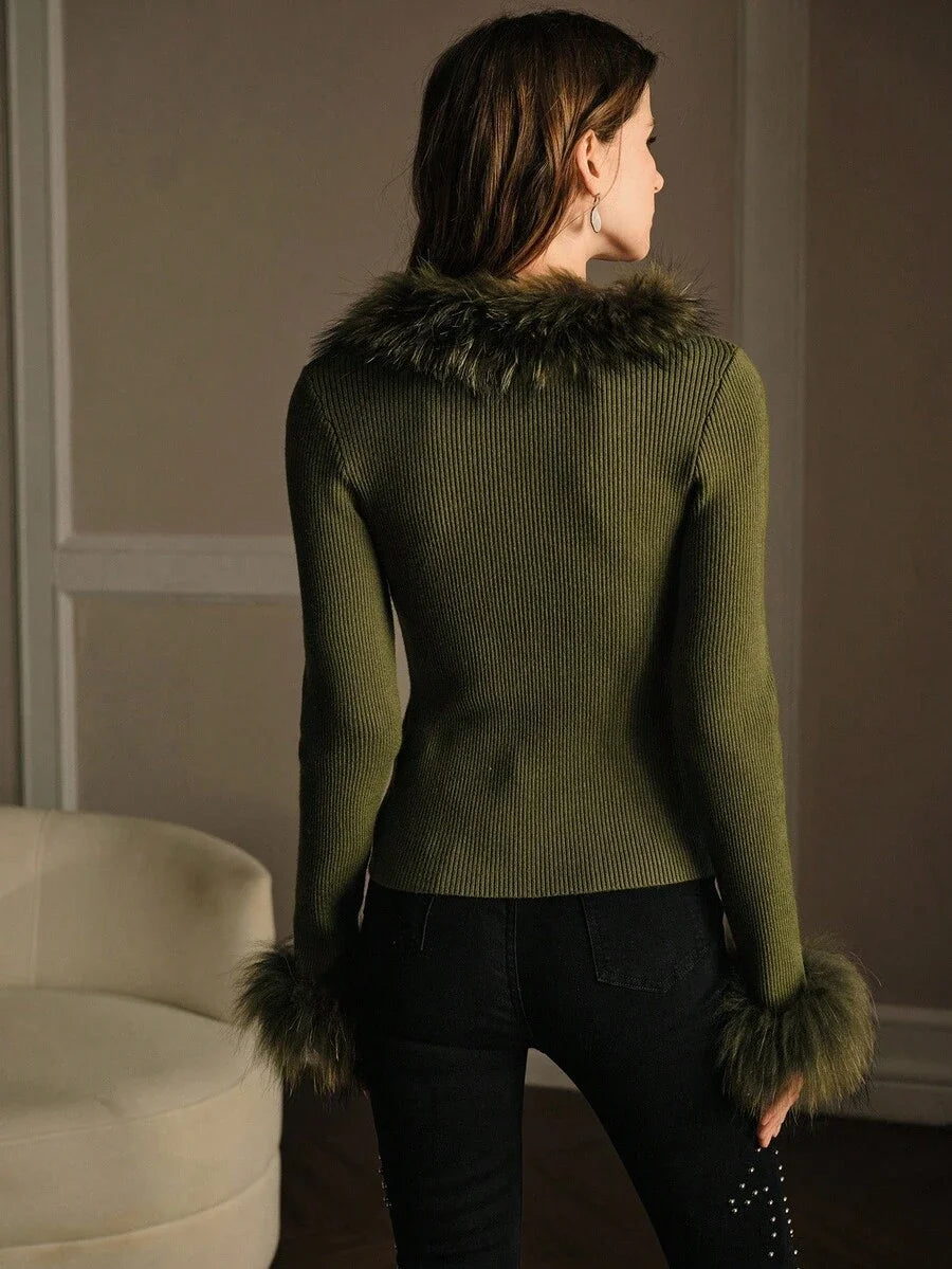 PREMIUM CONTRAST FAUX FUR DETAIL SLIM FIT CARDIGAN