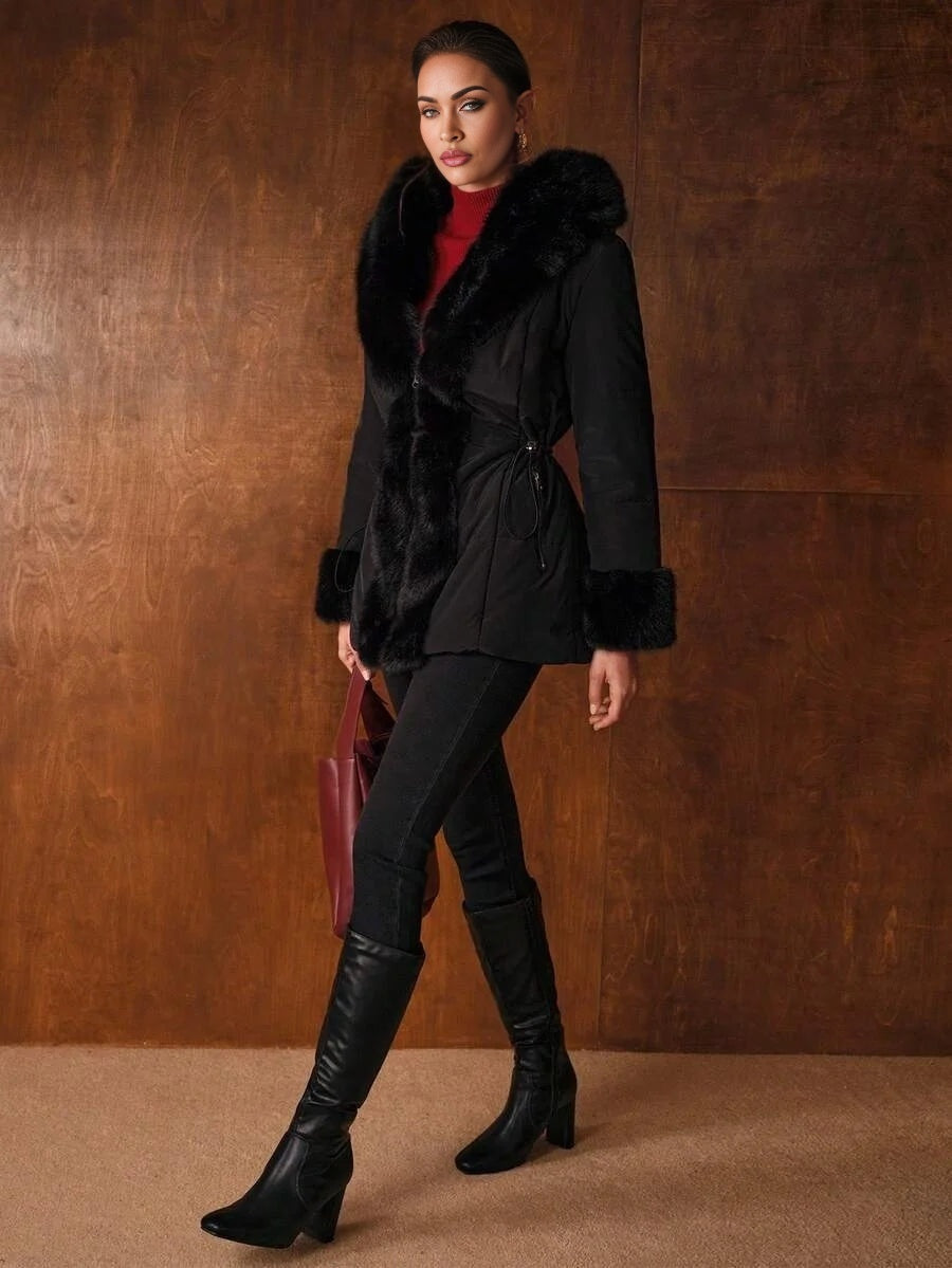PREMIUM CONTRAST FAUX FUR HOODED PADDED COAT FALL WINTER