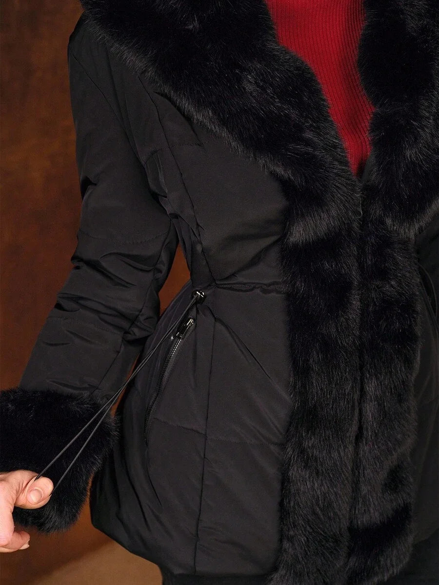 PREMIUM CONTRAST FAUX FUR HOODED PADDED COAT FALL WINTER