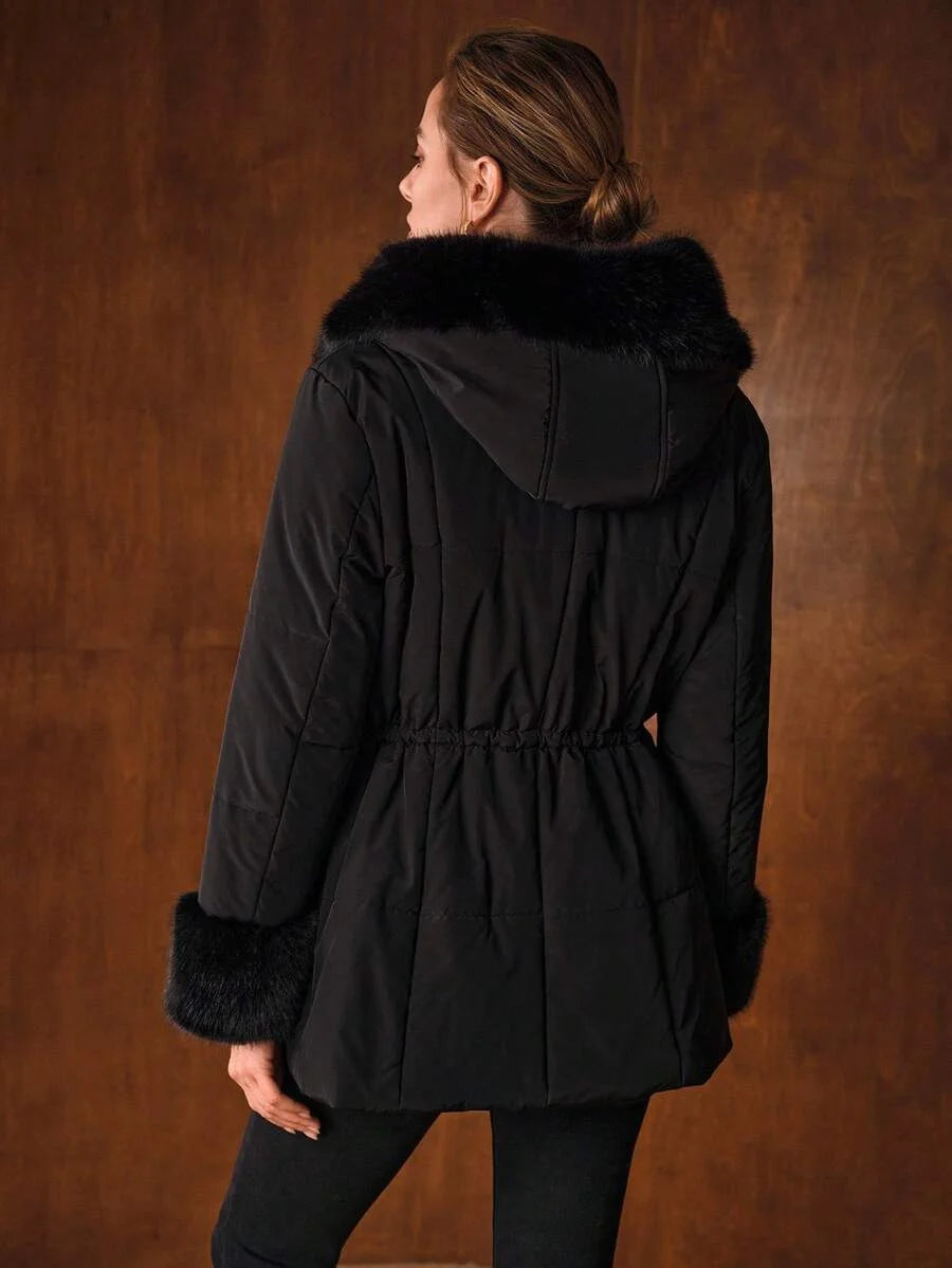 PREMIUM CONTRAST FAUX FUR HOODED PADDED COAT FALL WINTER