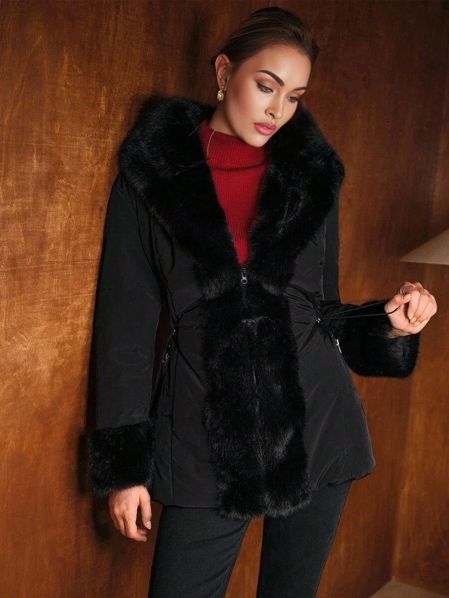 PREMIUM CONTRAST FAUX FUR HOODED PADDED COAT FALL WINTER