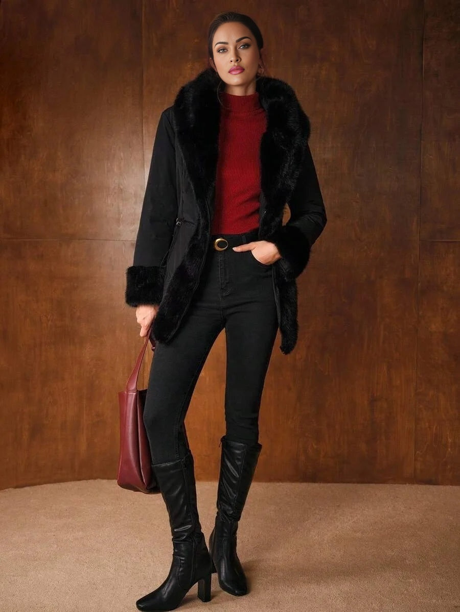 PREMIUM CONTRAST FAUX FUR HOODED PADDED COAT FALL WINTER