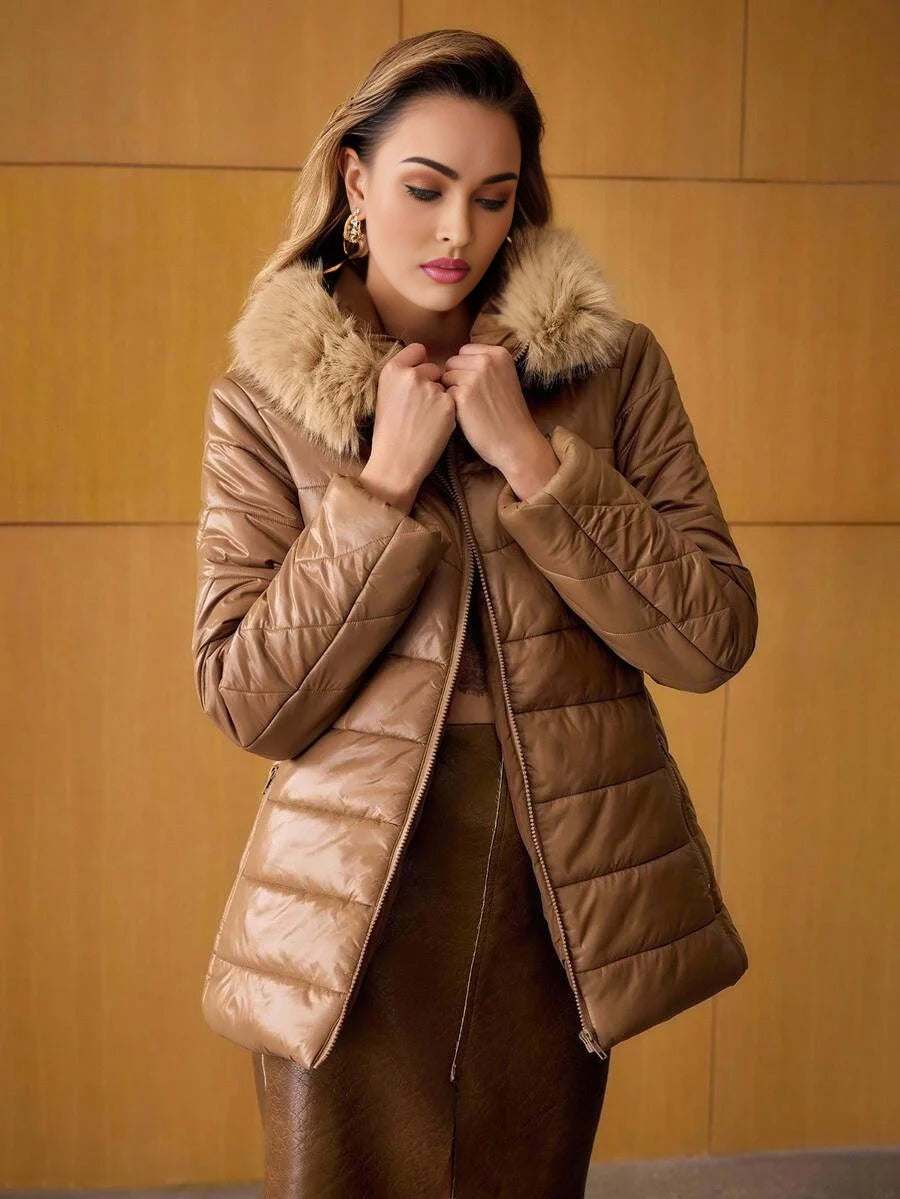 PREMIUM CONTRAST FAUX FUR HOODED WINTER COAT