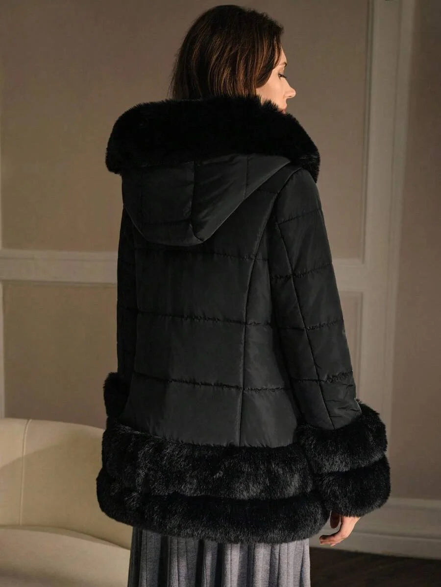 PREMIUM CONTRAST FAUX FUR HOODED WINTER COAT