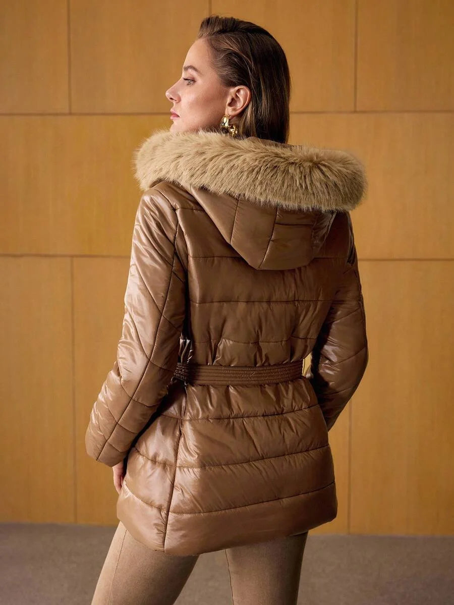 PREMIUM CONTRAST FAUX FUR HOODED WINTER COAT