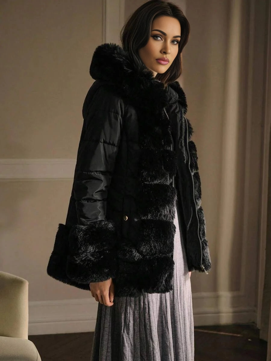 PREMIUM CONTRAST FAUX FUR HOODED WINTER COAT