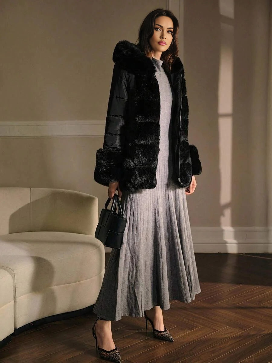 PREMIUM CONTRAST FAUX FUR HOODED WINTER COAT
