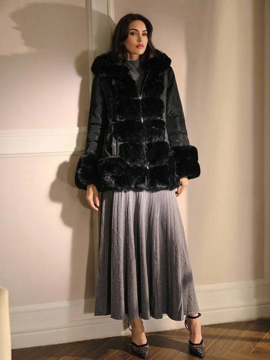 PREMIUM CONTRAST FAUX FUR HOODED WINTER COAT