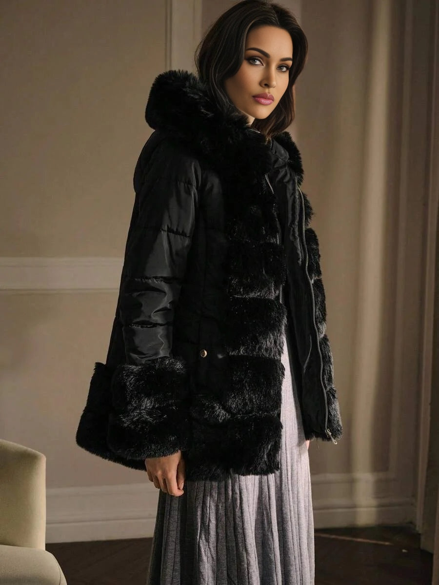 PREMIUM CONTRAST FAUX FUR HOODED WINTER COAT