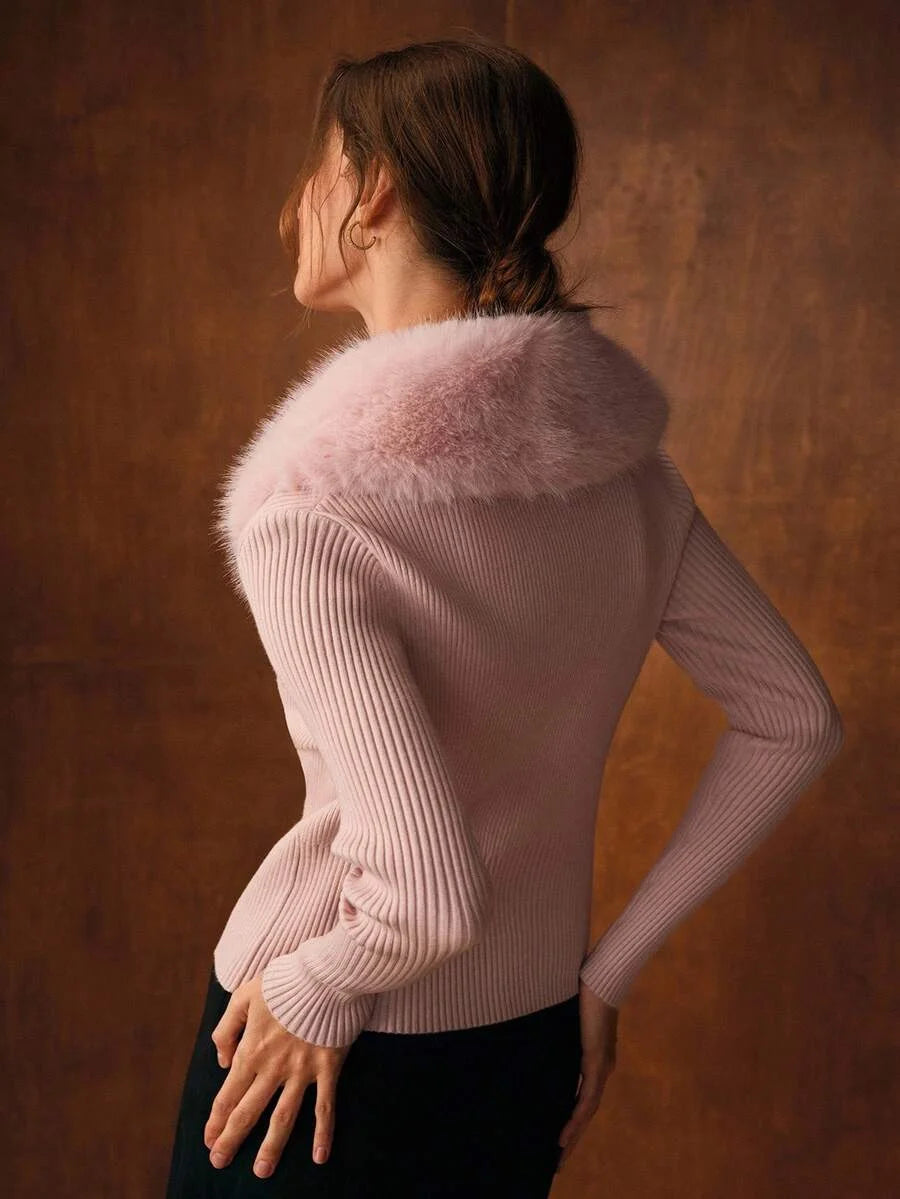 PREMIUM CONTRAST FAUX FUR SHAWL COLLAR SLIM FIT FAUX PEARLS BUTTON PLACKET CARDIGAN FALL