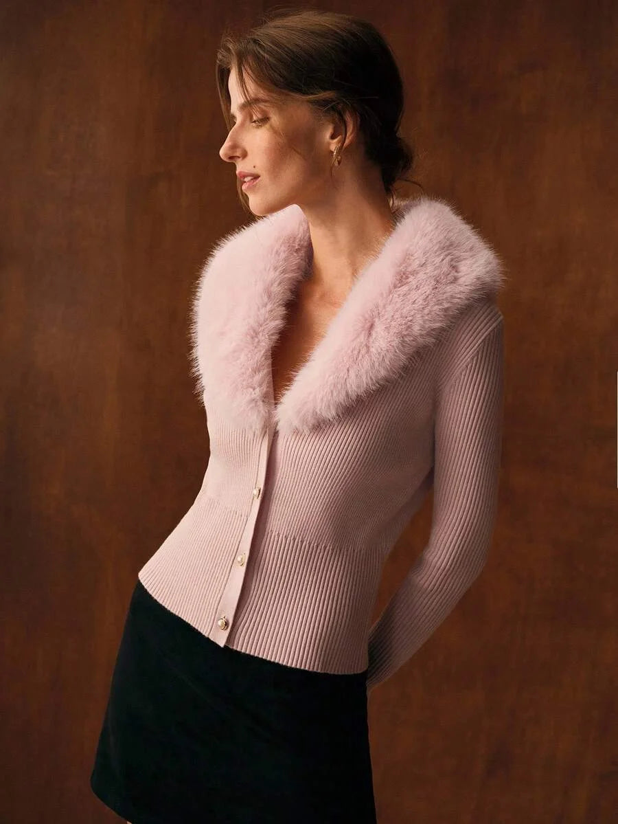 PREMIUM CONTRAST FAUX FUR SHAWL COLLAR SLIM FIT FAUX PEARLS BUTTON PLACKET CARDIGAN FALL