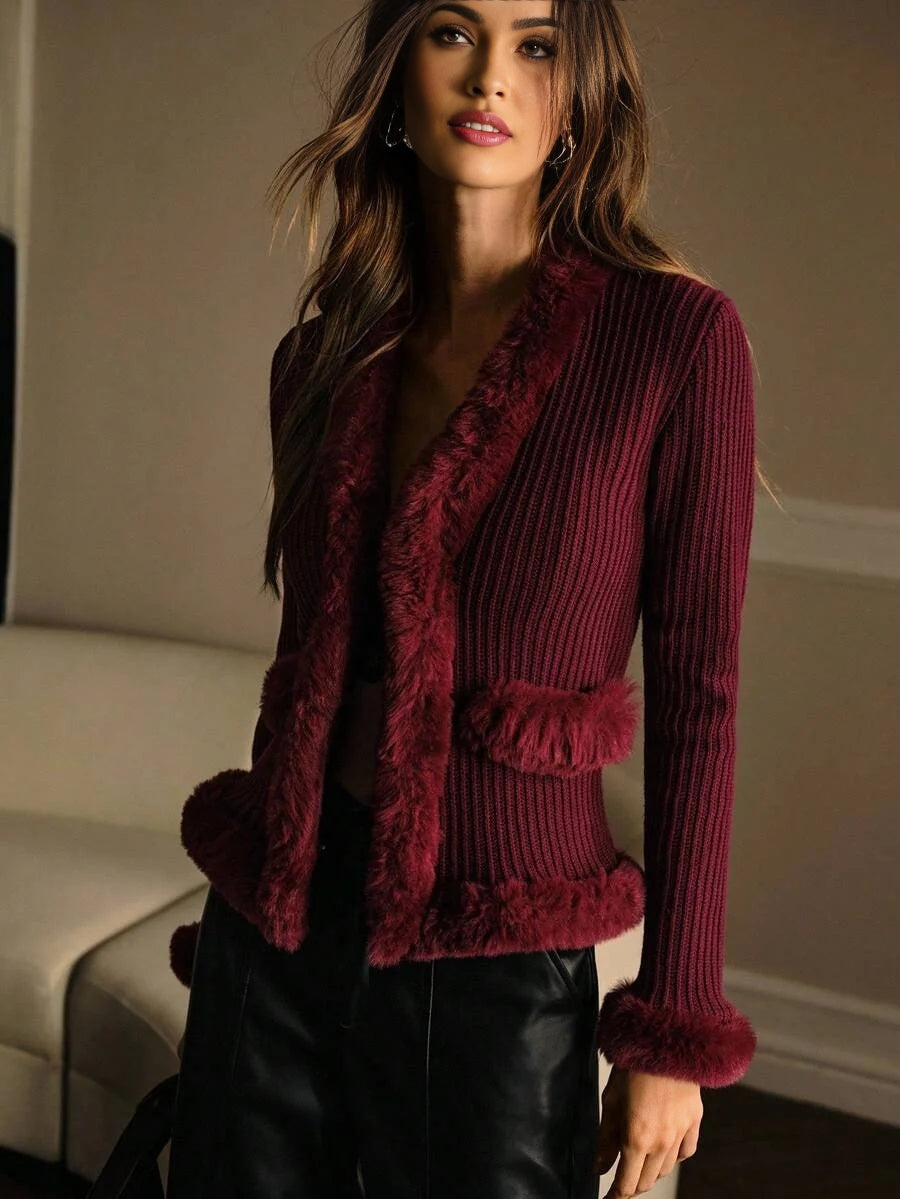 PREMIUM CONTRAST FAUX FUR SLIM FIT CARDIGAN