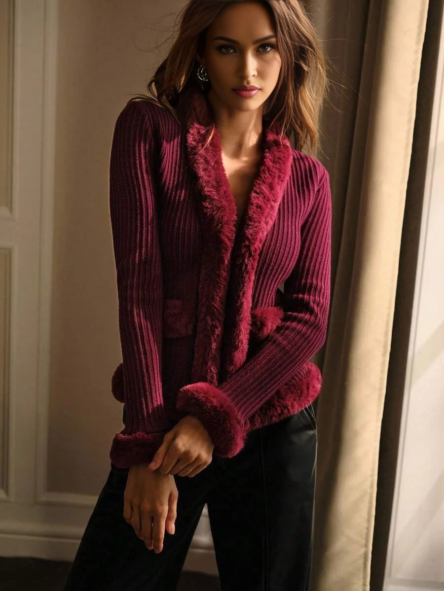 PREMIUM CONTRAST FAUX FUR SLIM FIT CARDIGAN