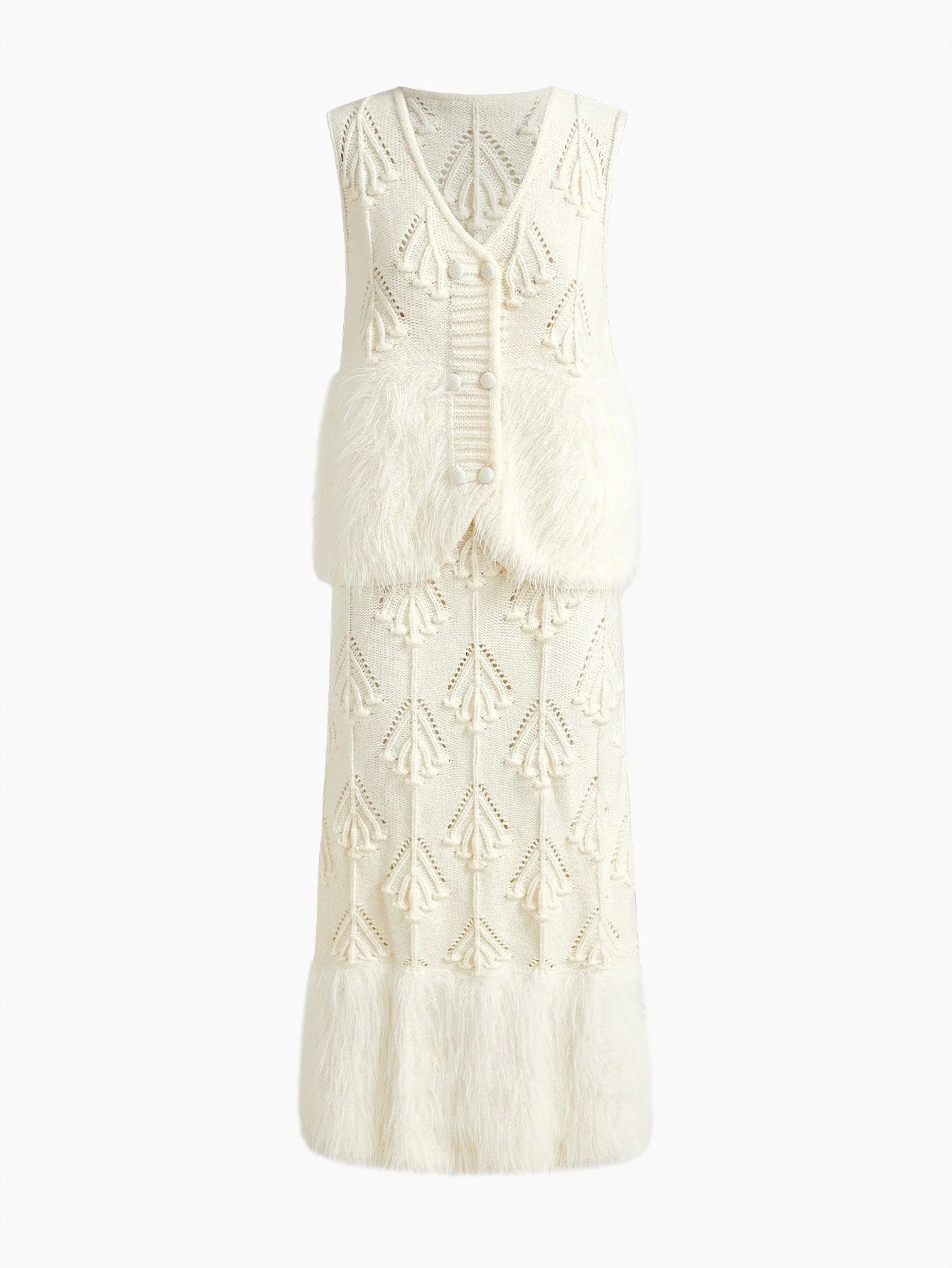 PREMIUM CONTRAST FAUX FUR WAISTCOAT amp HOLLOW OUT SKIRT SWEATER COORD