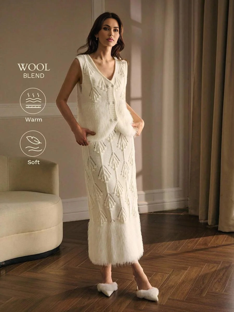 PREMIUM CONTRAST FAUX FUR WAISTCOAT amp HOLLOW OUT SKIRT SWEATER COORD