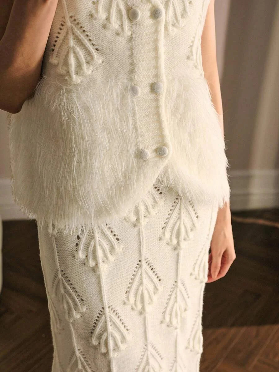 PREMIUM CONTRAST FAUX FUR WAISTCOAT amp HOLLOW OUT SKIRT SWEATER COORD