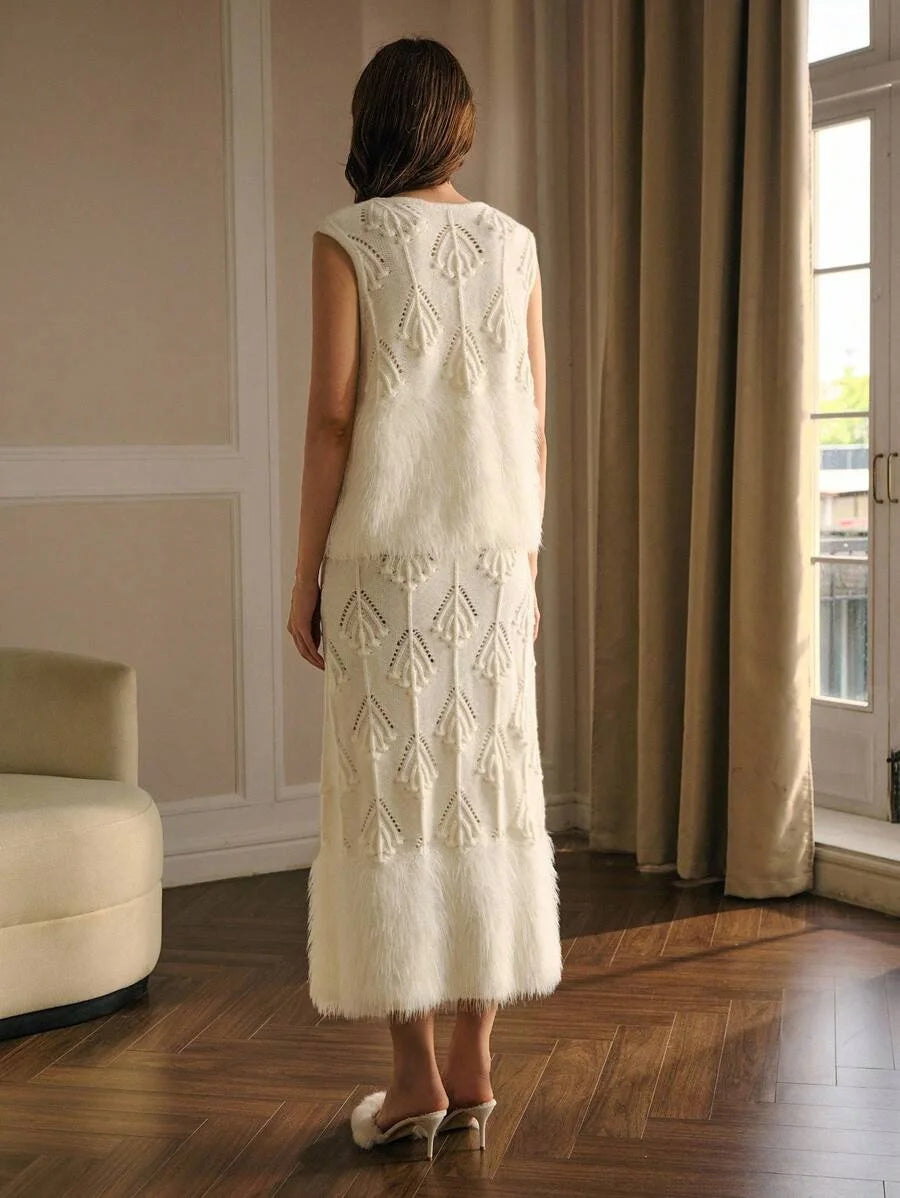 PREMIUM CONTRAST FAUX FUR WAISTCOAT amp HOLLOW OUT SKIRT SWEATER COORD