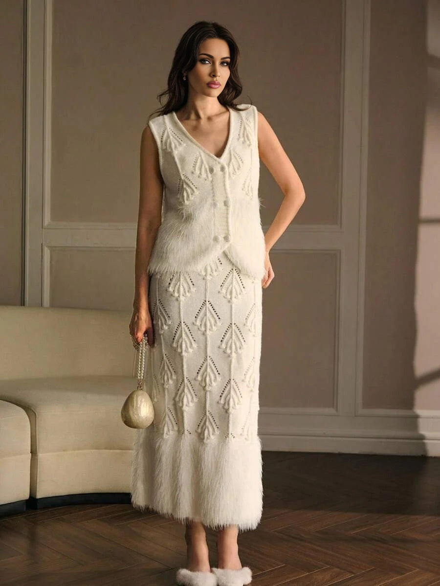 PREMIUM CONTRAST FAUX FUR WAISTCOAT amp HOLLOW OUT SKIRT SWEATER COORD