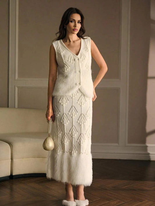 PREMIUM CONTRAST FAUX FUR WAISTCOAT amp HOLLOW OUT SKIRT SWEATER COORD