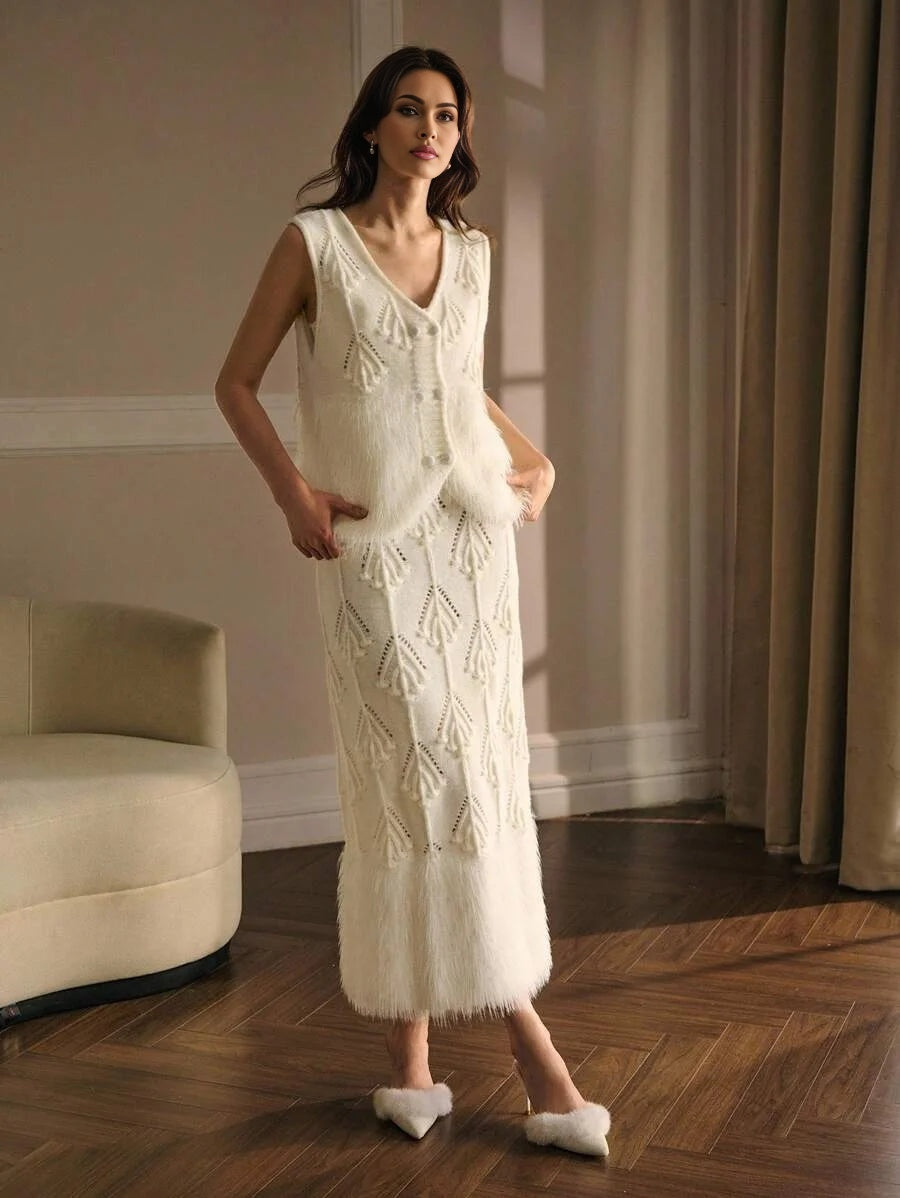 PREMIUM CONTRAST FAUX FUR WAISTCOAT amp HOLLOW OUT SKIRT SWEATER COORD