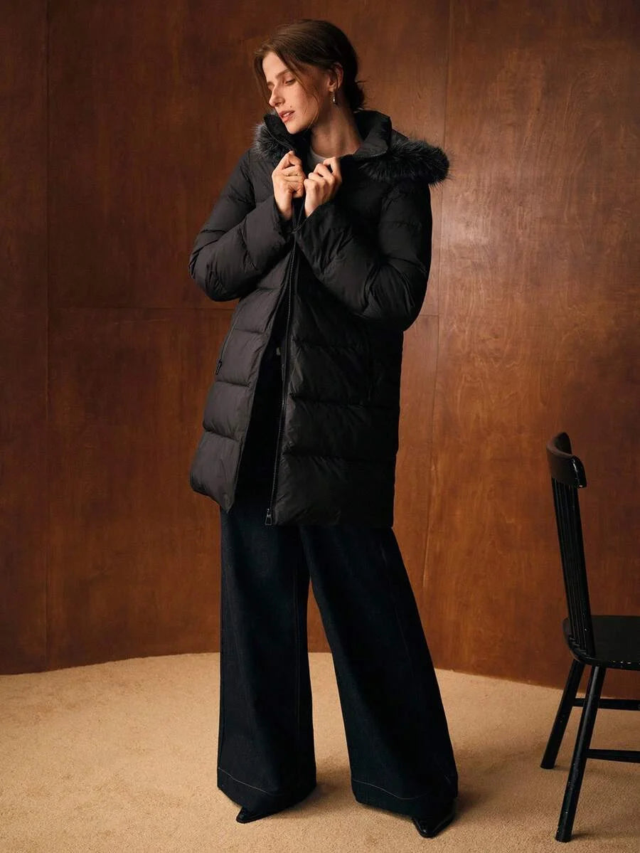 PREMIUM CONTRAST FAUX FUR ZIPPER HOODED WINTER COAT