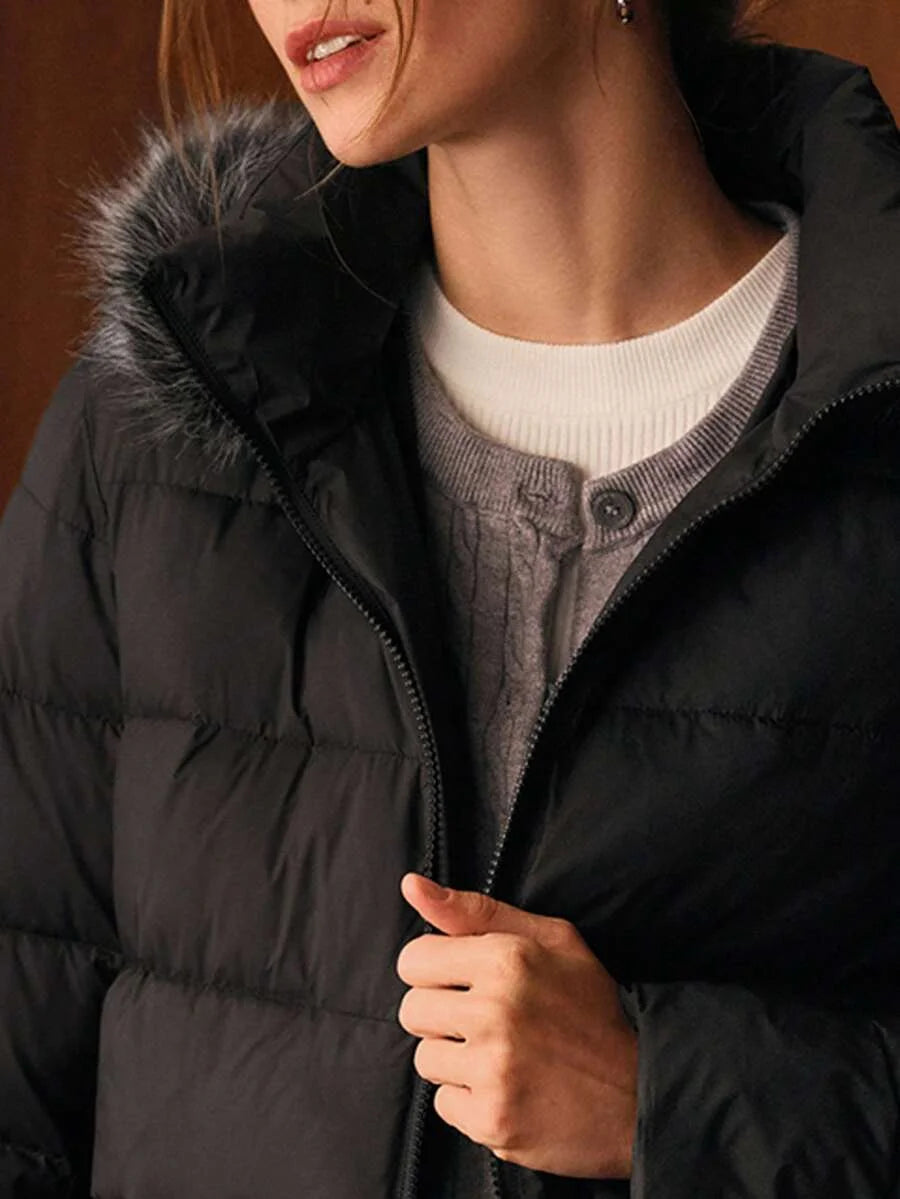 PREMIUM CONTRAST FAUX FUR ZIPPER HOODED WINTER COAT