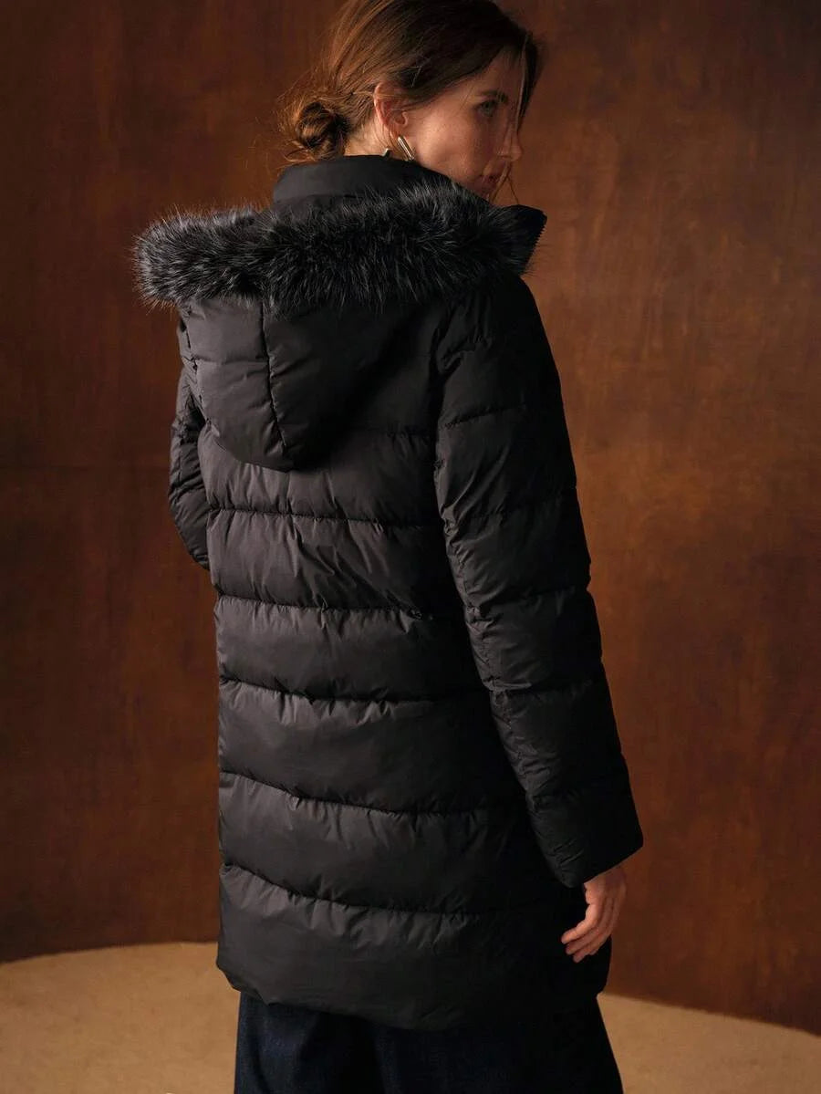 PREMIUM CONTRAST FAUX FUR ZIPPER HOODED WINTER COAT