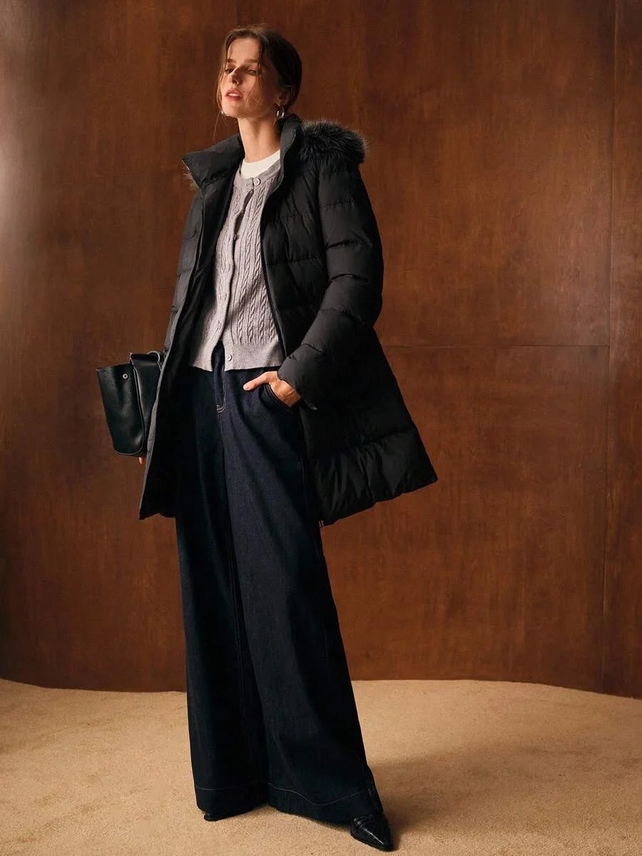 PREMIUM CONTRAST FAUX FUR ZIPPER HOODED WINTER COAT