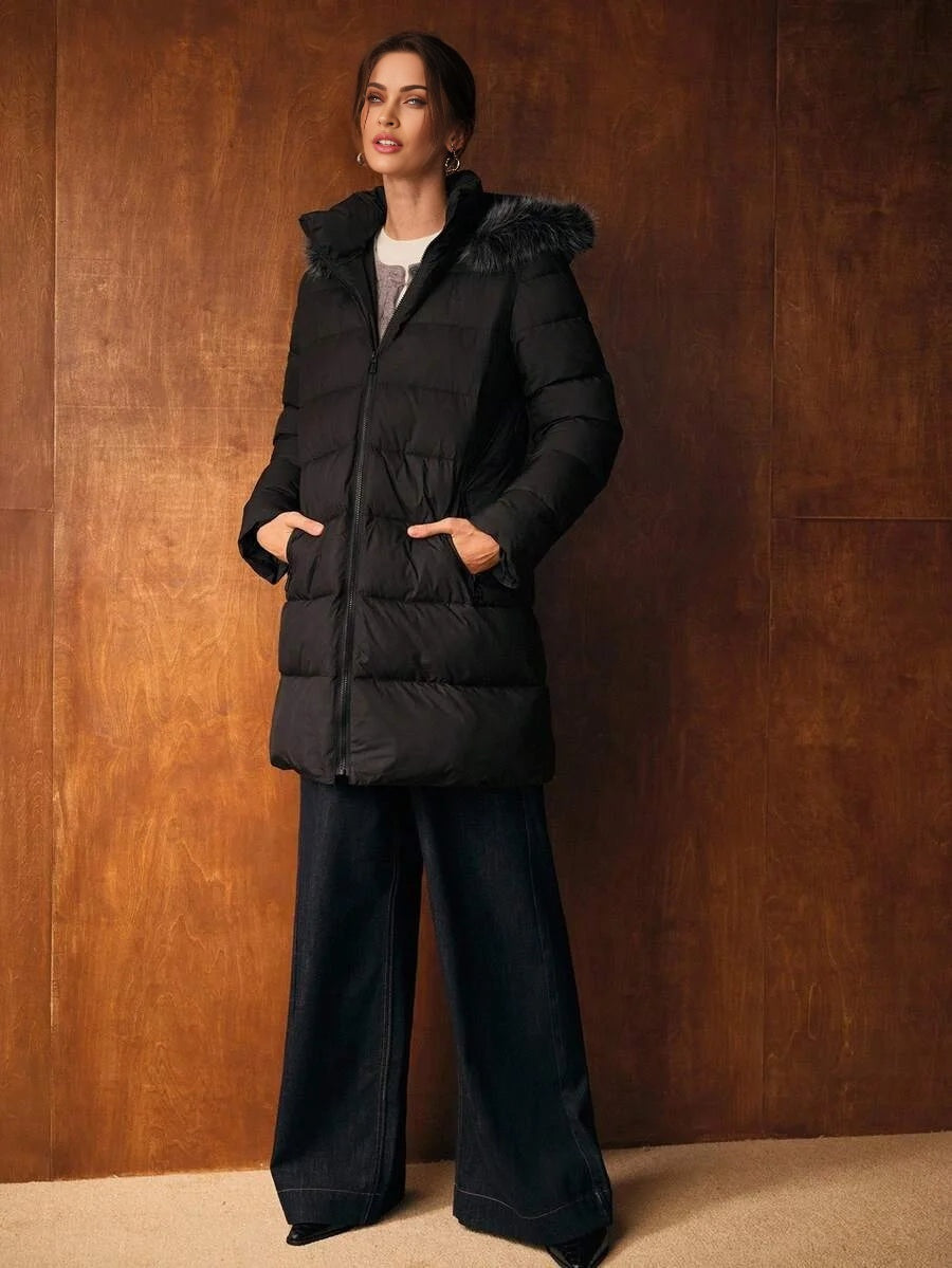 PREMIUM CONTRAST FAUX FUR ZIPPER HOODED WINTER COAT