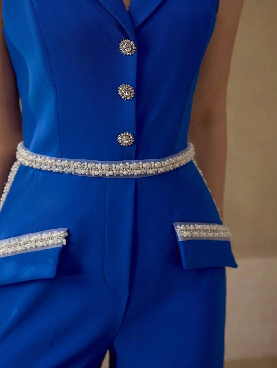 PREMIUM CONTRAST FAUX PEARL BINDING JUMPSUIT