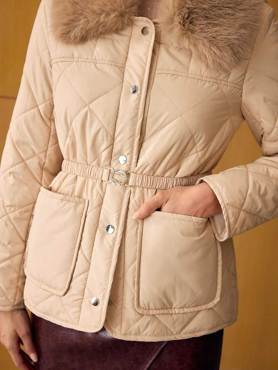 PREMIUM CONTRAST FUZZY COLLAR QUILTED BELTED WINTER COAT