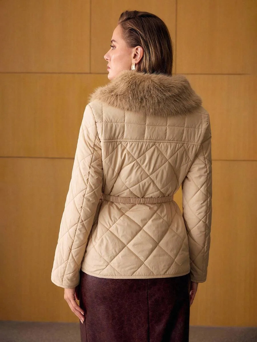 PREMIUM CONTRAST FUZZY COLLAR QUILTED BELTED WINTER COAT