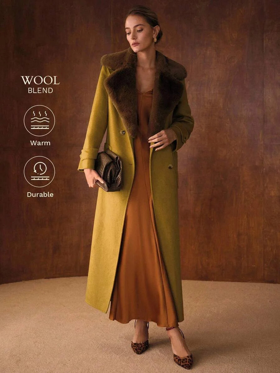 PREMIUM CONTRAST FUZZY LAPEL COLLAR PATCH POCKET BUCKLE BELTED OVERCOAT