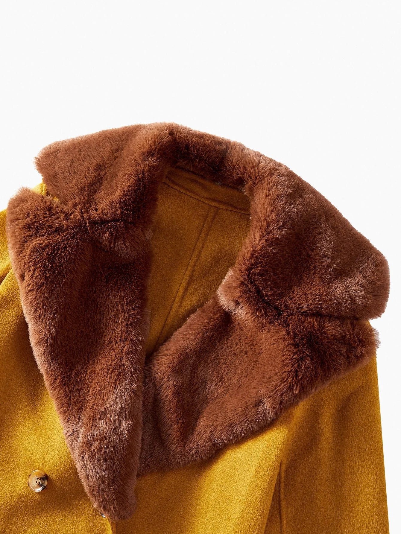 PREMIUM CONTRAST FUZZY LAPEL COLLAR PATCH POCKET BUCKLE BELTED OVERCOAT