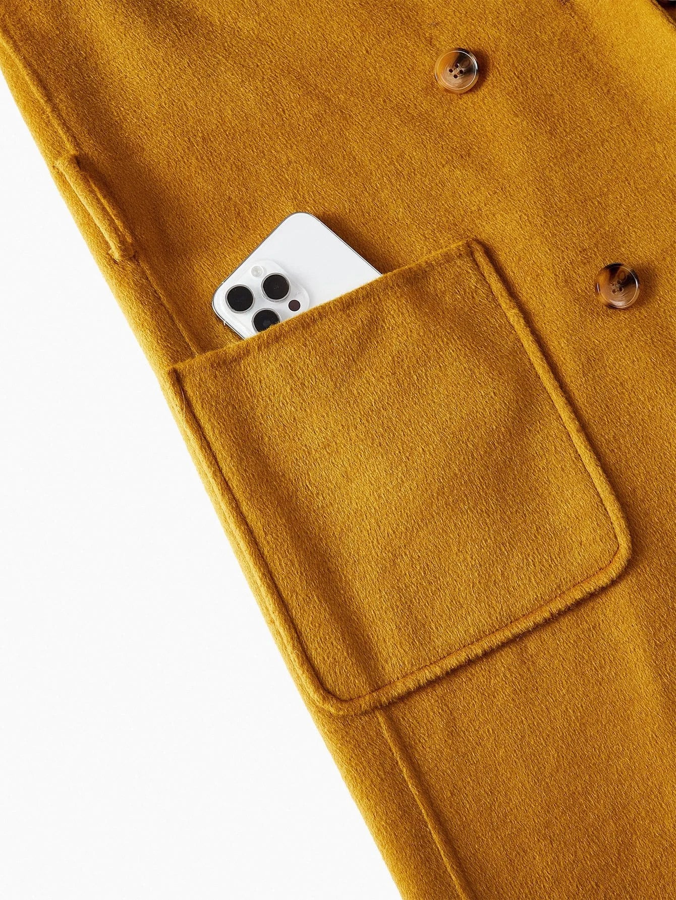 PREMIUM CONTRAST FUZZY LAPEL COLLAR PATCH POCKET BUCKLE BELTED OVERCOAT